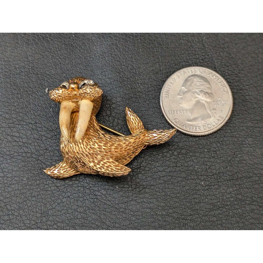 Vintage Jomaz Walrus Brooch Gold Tone Rhinestone Eye Faux Tusk Figural Pin